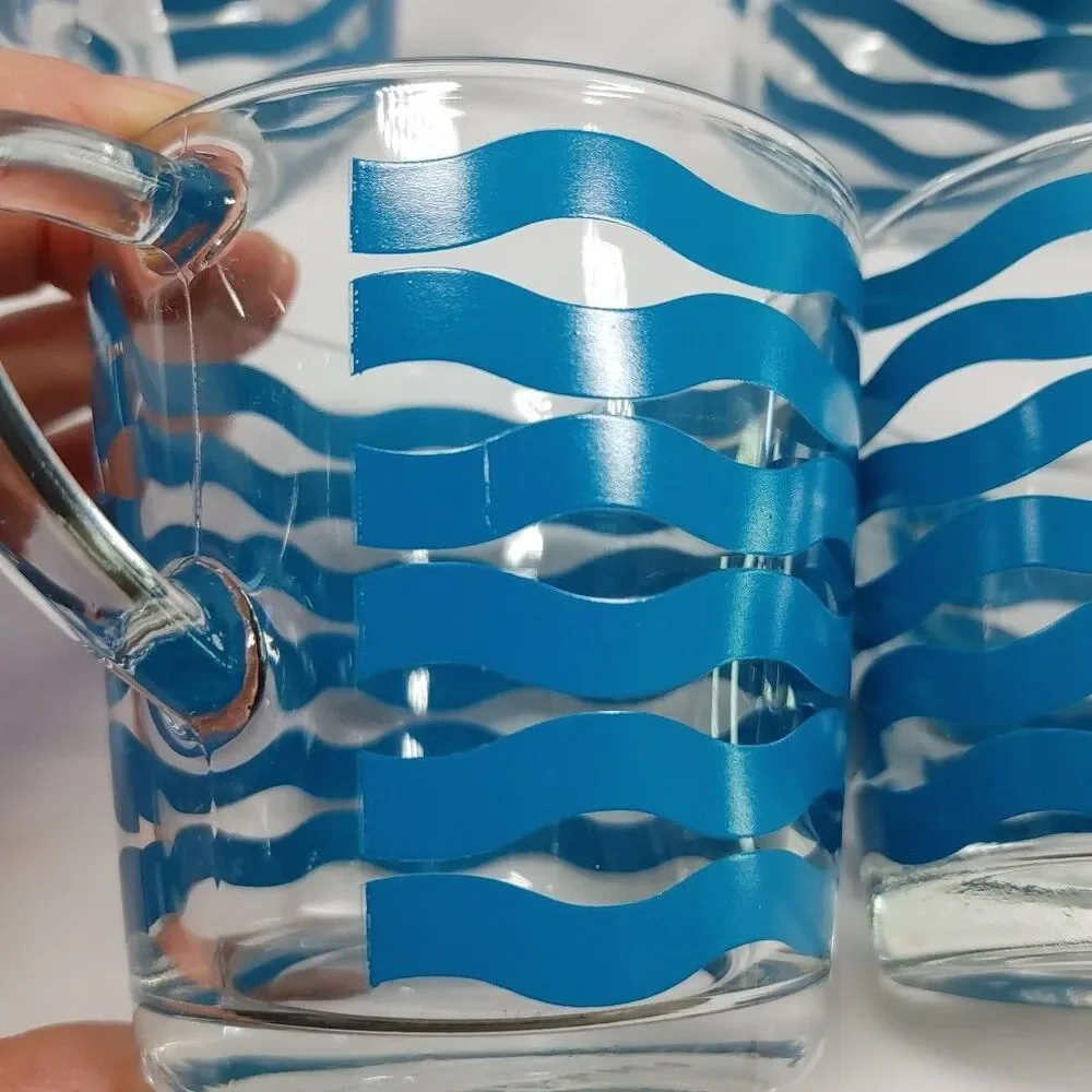 IKEA Satsning Glass Mugs/Cups Set- 6 Retired Blue Waves Stripes 3.5